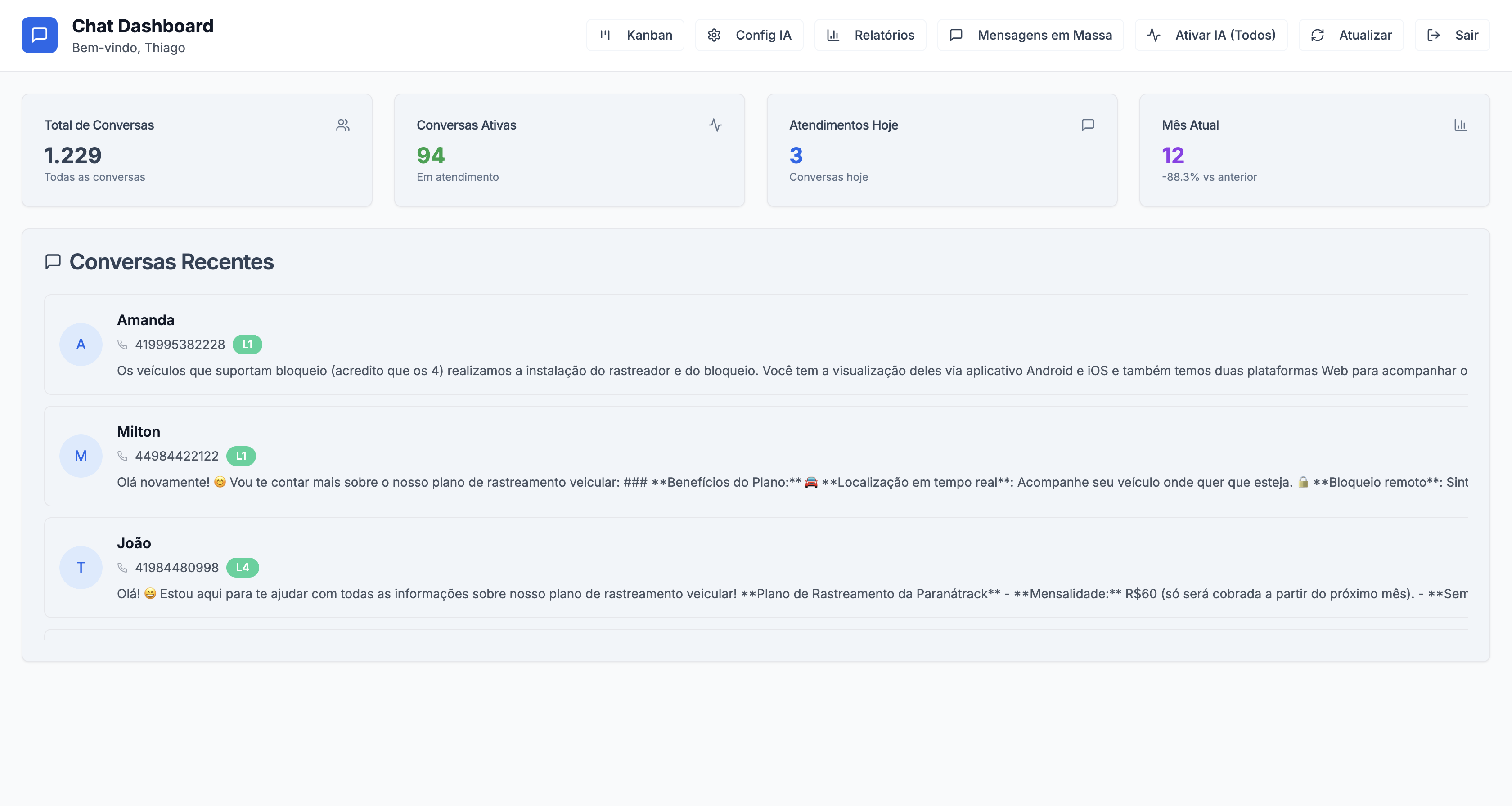 Chat Dashboard - Sistema de atendimento com métricas de conversas