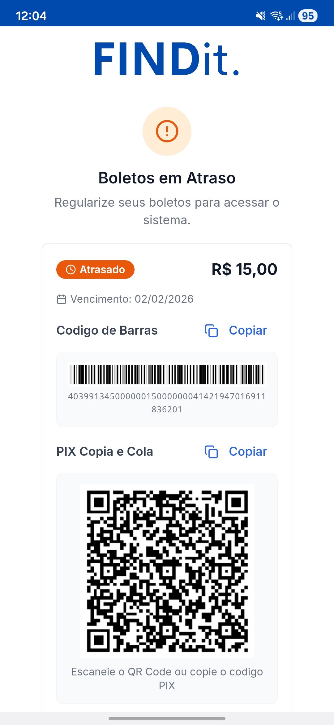 Tela de boletos em atraso com código de barras e PIX