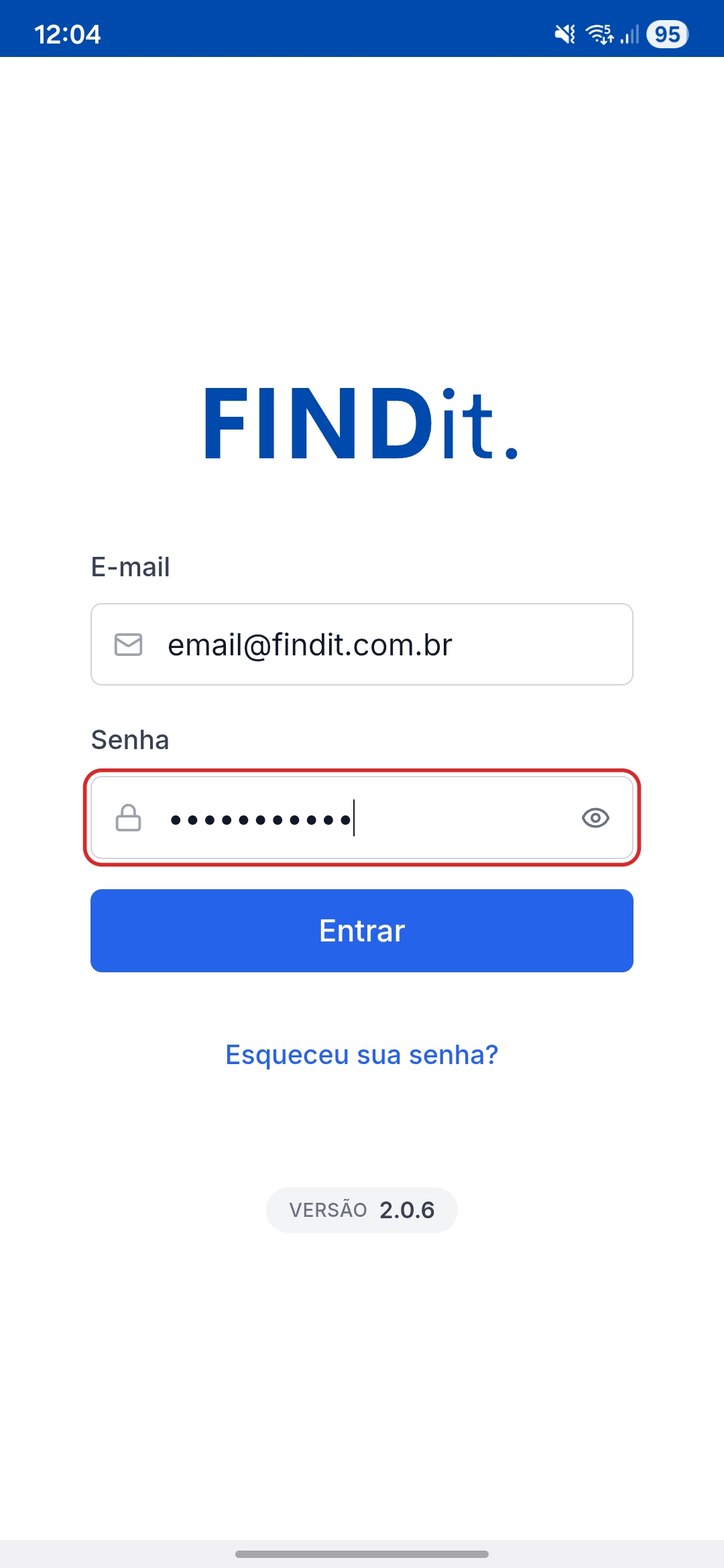 Tela de login Findit - Versão 2.0.6